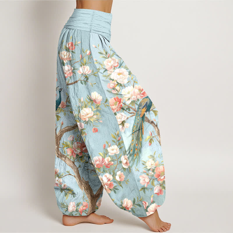 Buddha Stones Pantalones harem de algodón con estampado de flores de pavo real y cintura elástica para mujer. - image 1