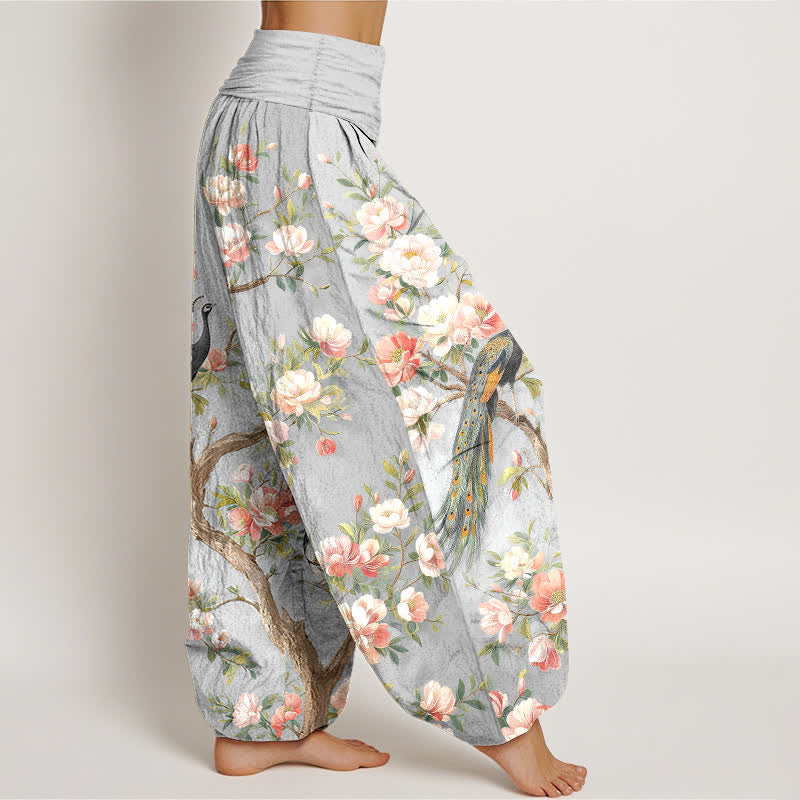 Buddha Stones Pantalones harem de algodón con estampado de flores de pavo real y cintura elástica para mujer. - image 6