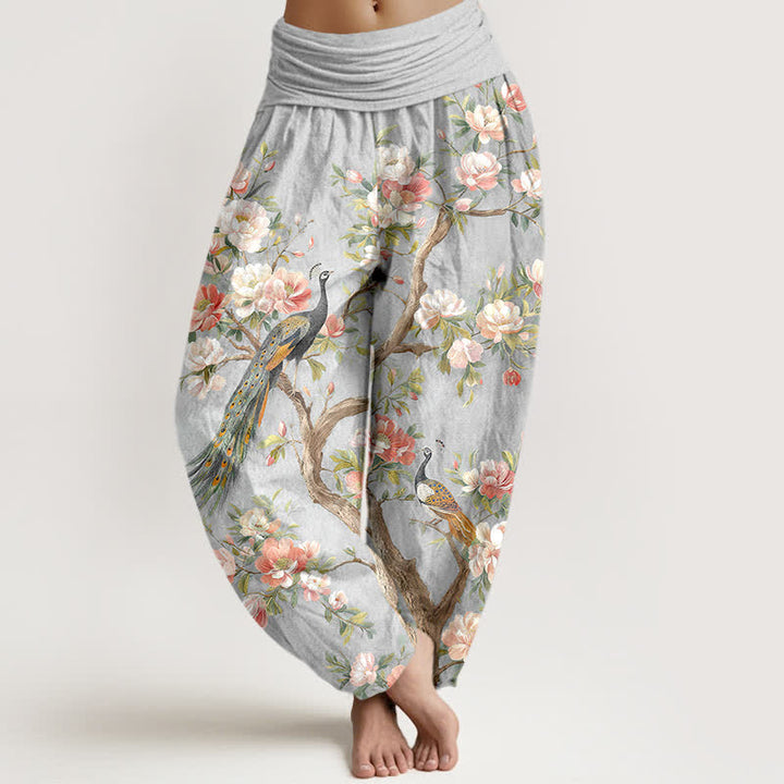 Buddha Stones Pantalones harem de algodón con estampado de flores de pavo real y cintura elástica para mujer. - Plata - US16，UK/AU20，EU48 (3XL) - image 5