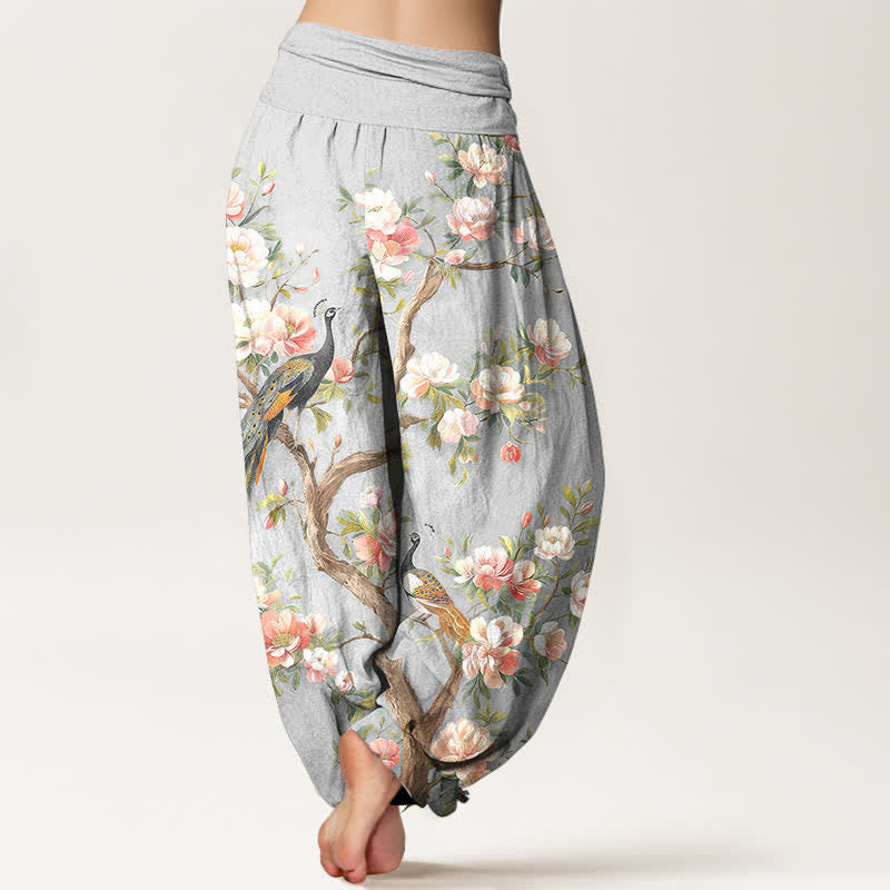 Buddha Stones Pantalones harem de algodón con estampado de flores de pavo real y cintura elástica para mujer. - image 7