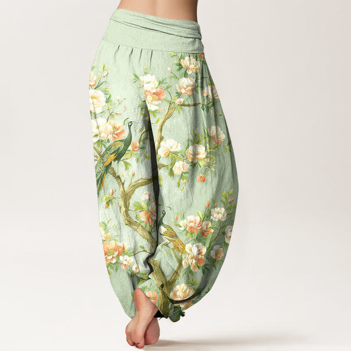 Buddha Stones Pantalones harem de algodón con estampado de flores de pavo real y cintura elástica para mujer. - image 10