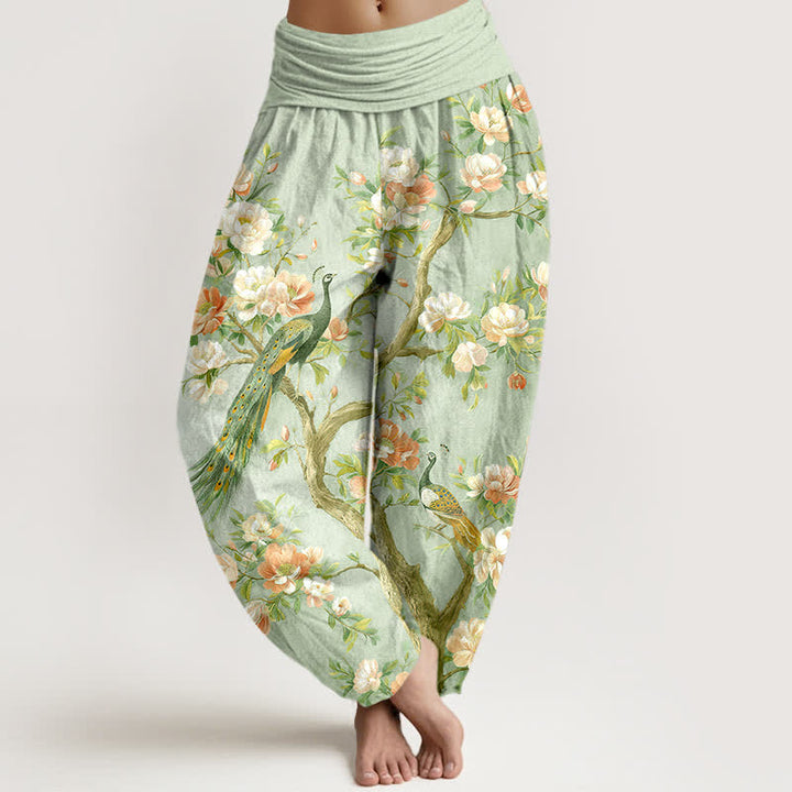 Buddha Stones Pantalones harem de algodón con estampado de flores de pavo real y cintura elástica para mujer. - Verde pálido - US16，UK/AU20，EU48 (3XL) - image 8