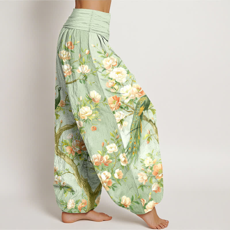 Buddha Stones Pantalones harem de algodón con estampado de flores de pavo real y cintura elástica para mujer. - image 9