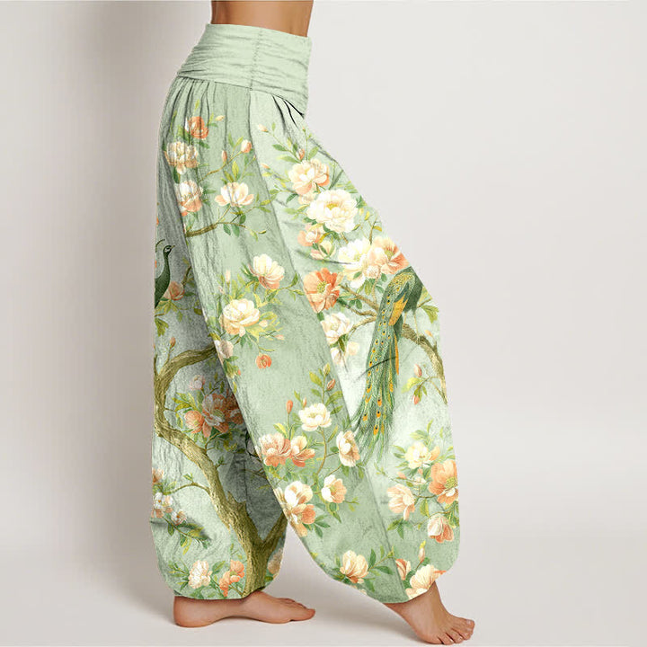 Buddha Stones Pantalones harem de algodón con estampado de flores de pavo real y cintura elástica para mujer. - image 9