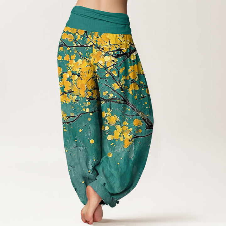 Buddha Stones Pantalones harem de mujer con cintura elástica y estampado de ramas de flores amarillas de algodón. - image 1