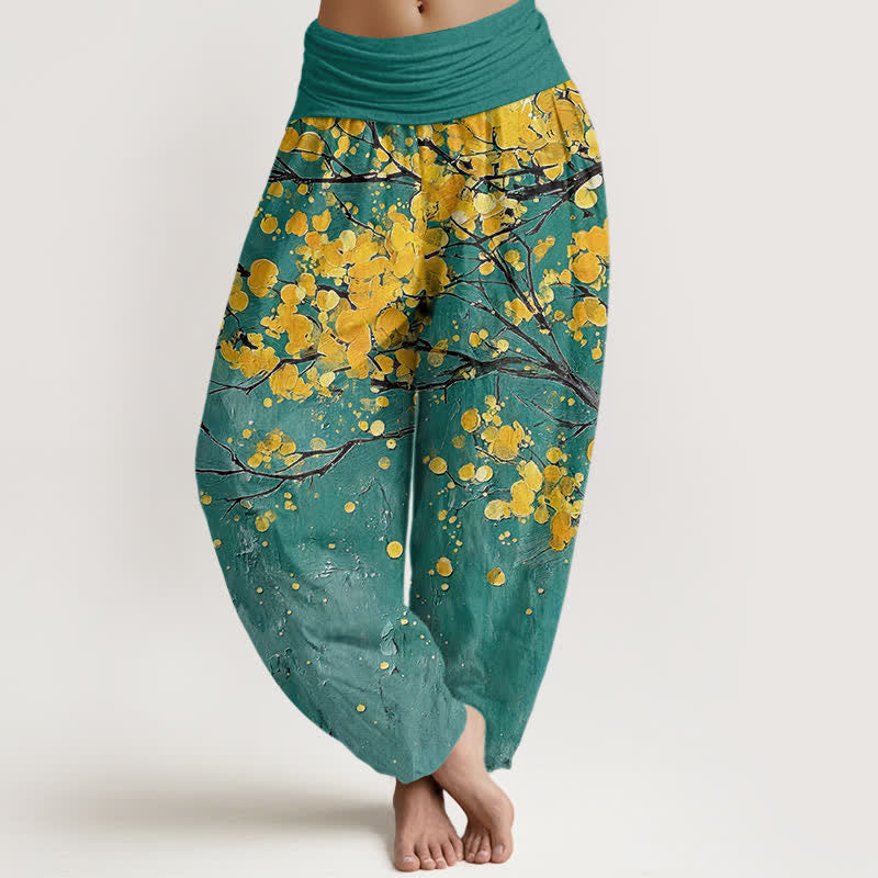 Buddha Stones Pantalones harem de mujer con cintura elástica y estampado de ramas de flores amarillas de algodón. - Verde azulado - US16，UK/AU20，EU48 (3XL) - image 0