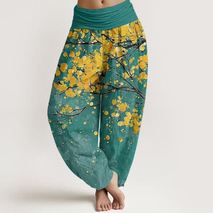 Buddha Stones Pantalones harem de mujer con cintura elástica y estampado de ramas de flores amarillas de algodón. - Verde azulado - US16，UK/AU20，EU48 (3XL) - image 0