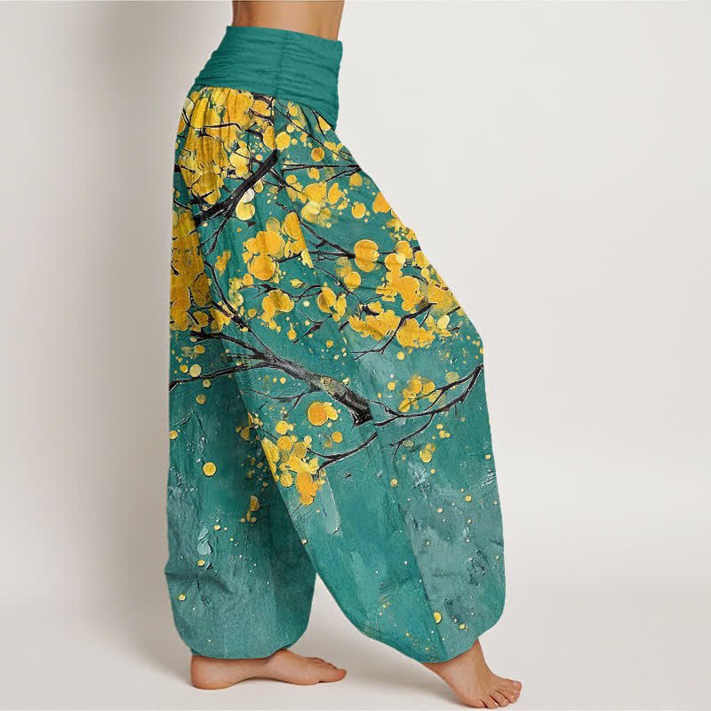 Buddha Stones Pantalones harem de mujer con cintura elástica y estampado de ramas de flores amarillas de algodón. - image 2
