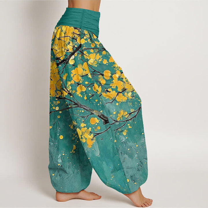 Buddha Stones Pantalones harem de mujer con cintura elástica y estampado de ramas de flores amarillas de algodón. - image 2