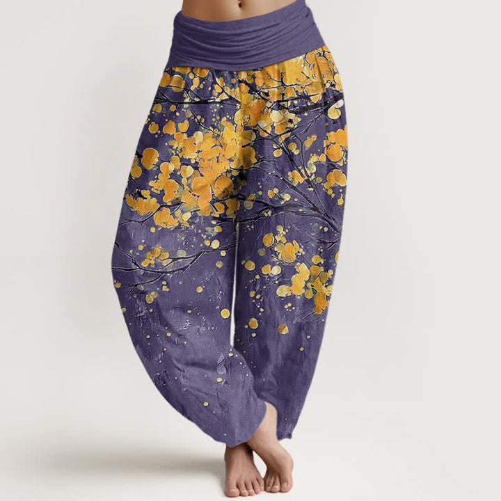 Buddha Stones Pantalones harem de mujer con cintura elástica y estampado de ramas de flores amarillas de algodón. - Púrpura - US16，UK/AU20，EU48 (3XL) - image 5