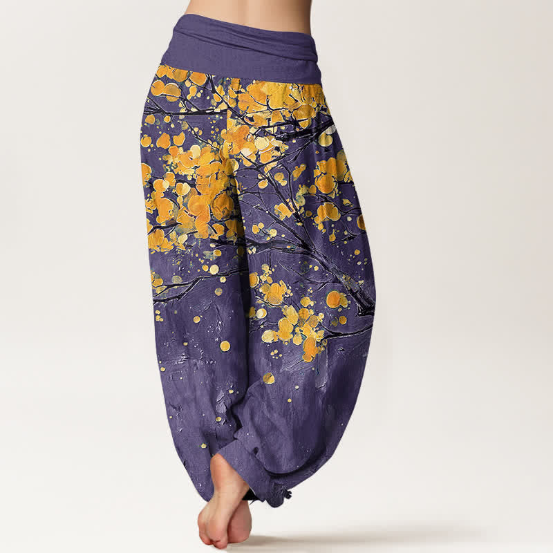 Buddha Stones Pantalones harem de mujer con cintura elástica y estampado de ramas de flores amarillas de algodón. - image 7