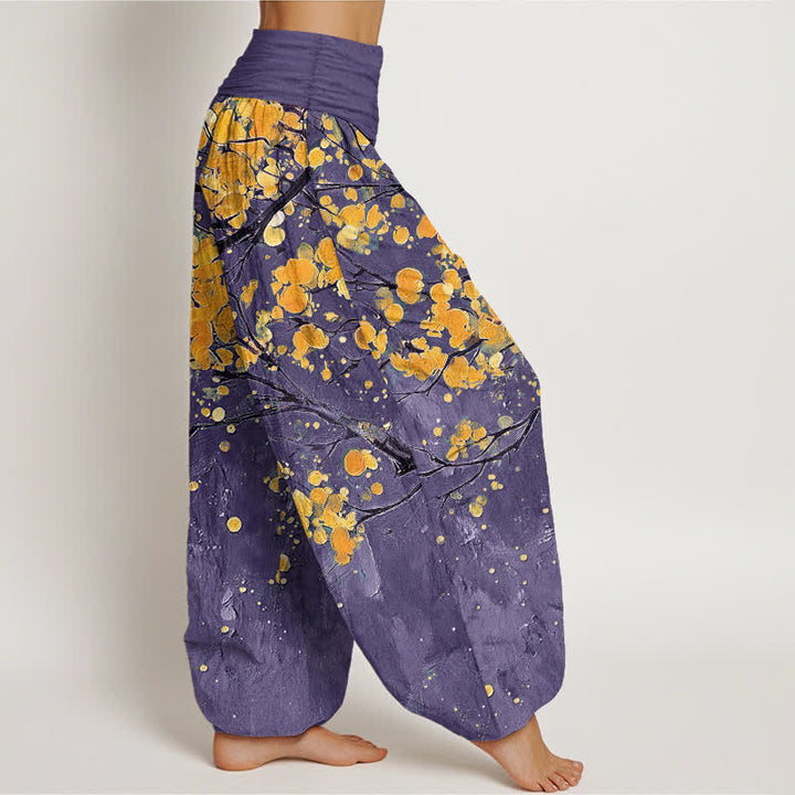 Buddha Stones Pantalones harem de mujer con cintura elástica y estampado de ramas de flores amarillas de algodón. - image 6