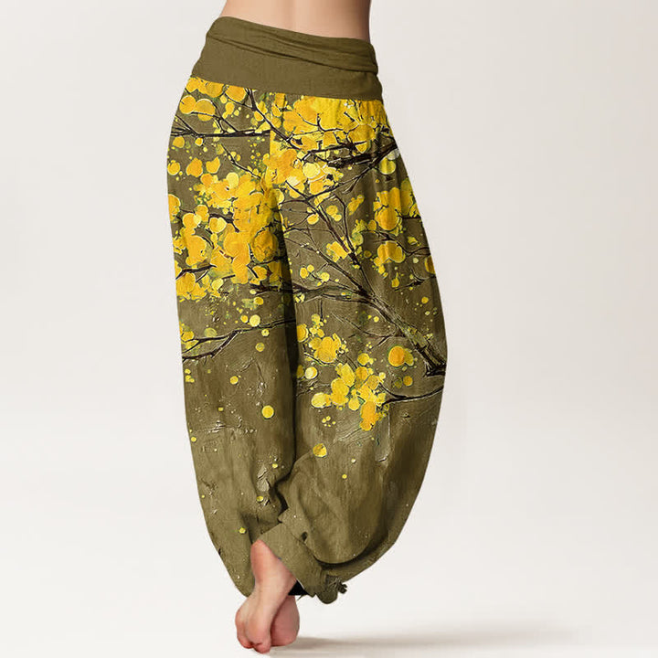 Buddha Stones Pantalones harem de mujer con cintura elástica y estampado de ramas de flores amarillas de algodón. - image 10