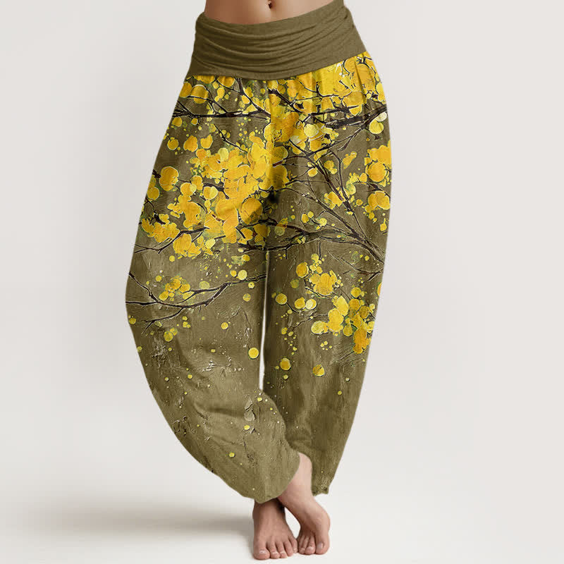 Buddha Stones Pantalones harem de mujer con cintura elástica y estampado de ramas de flores amarillas de algodón. - Aceituna - US16，UK/AU20，EU48 (3XL) - image 8