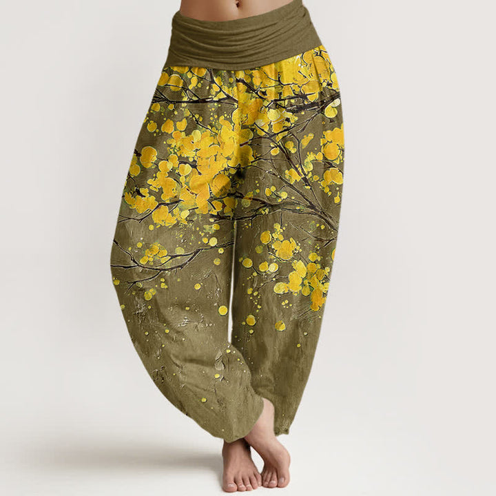 Buddha Stones Pantalones harem de mujer con cintura elástica y estampado de ramas de flores amarillas de algodón. - Aceituna - US16，UK/AU20，EU48 (3XL) - image 8