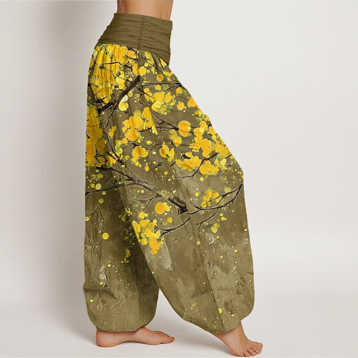 Buddha Stones Pantalones harem de mujer con cintura elástica y estampado de ramas de flores amarillas de algodón. - image 9