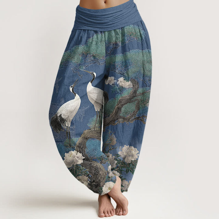 Buddha Stones Pantalones harem de mujer con cintura elástica y estampado de grullas de algodón. - Azul acero - US16，UK/AU20，EU48 (3XL) - image 0