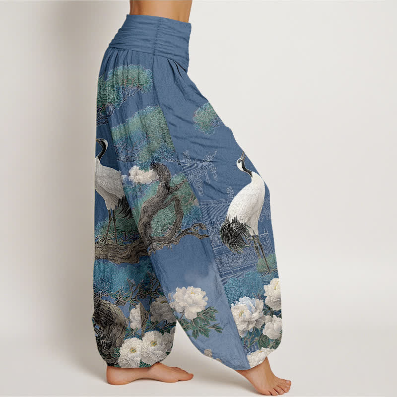 Buddha Stones Pantalones harem de mujer con cintura elástica y estampado de grullas de algodón. - image 1