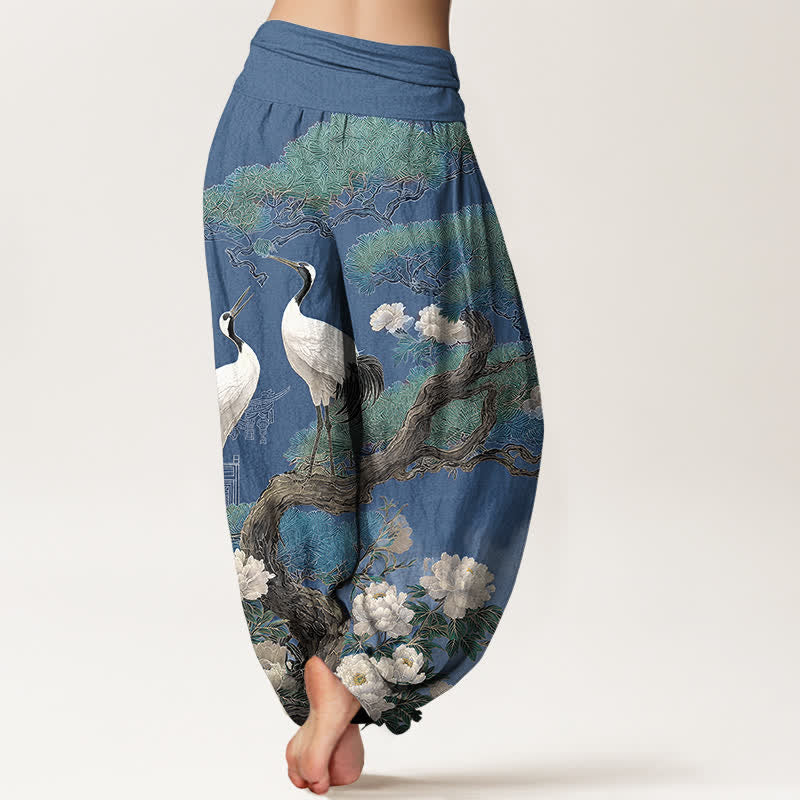 Buddha Stones Pantalones harem de mujer con cintura elástica y estampado de grullas de algodón. - image 2