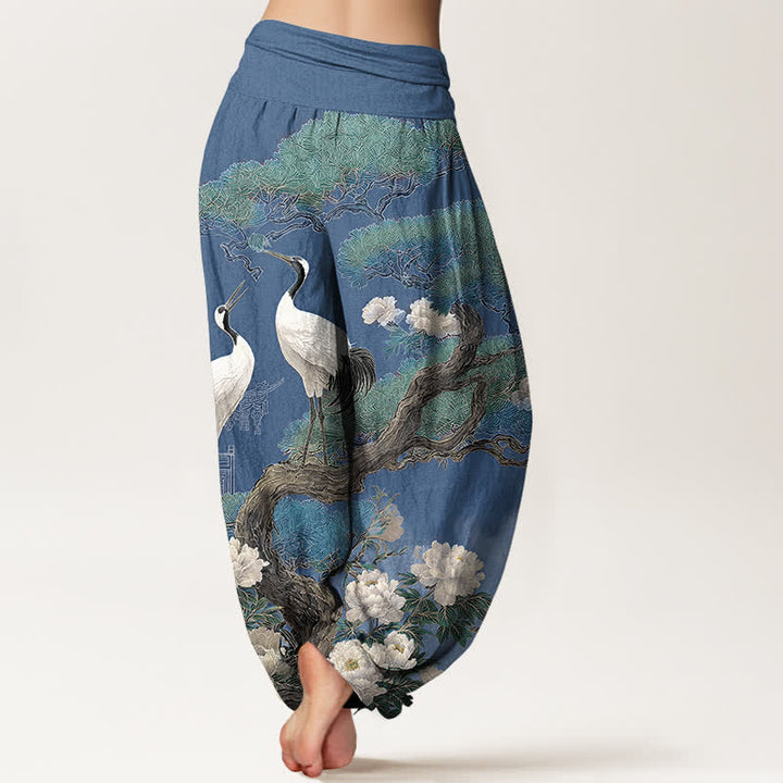Buddha Stones Pantalones harem de mujer con cintura elástica y estampado de grullas de algodón. - image 2