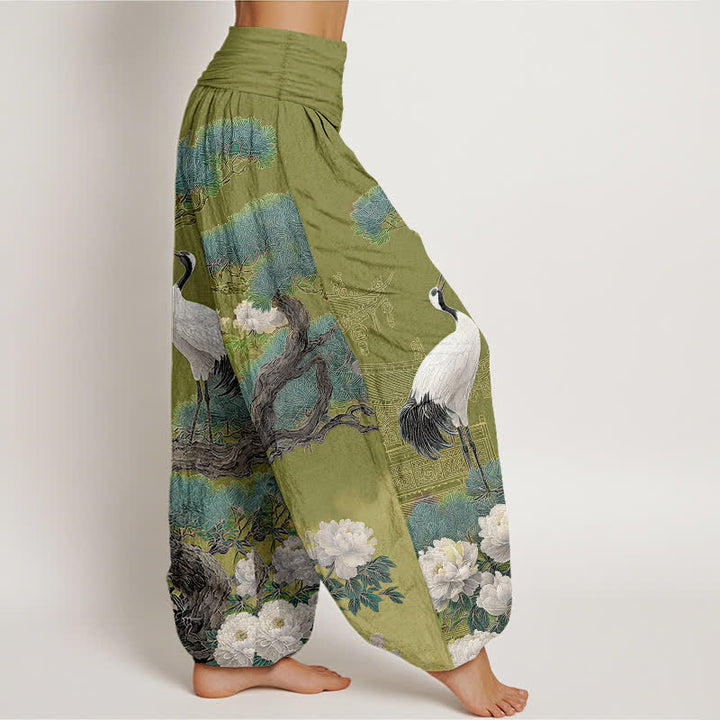 Buddha Stones Pantalones harem de mujer con cintura elástica y estampado de grullas de algodón. - image 6