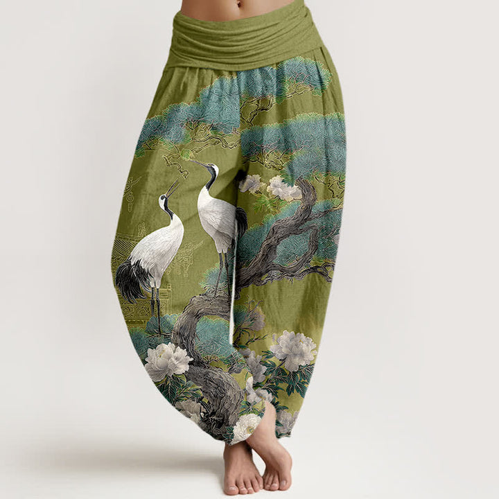 Buddha Stones Pantalones harem de mujer con cintura elástica y estampado de grullas de algodón. - Verde oliva - US16，UK/AU20，EU48 (3XL) - image 5