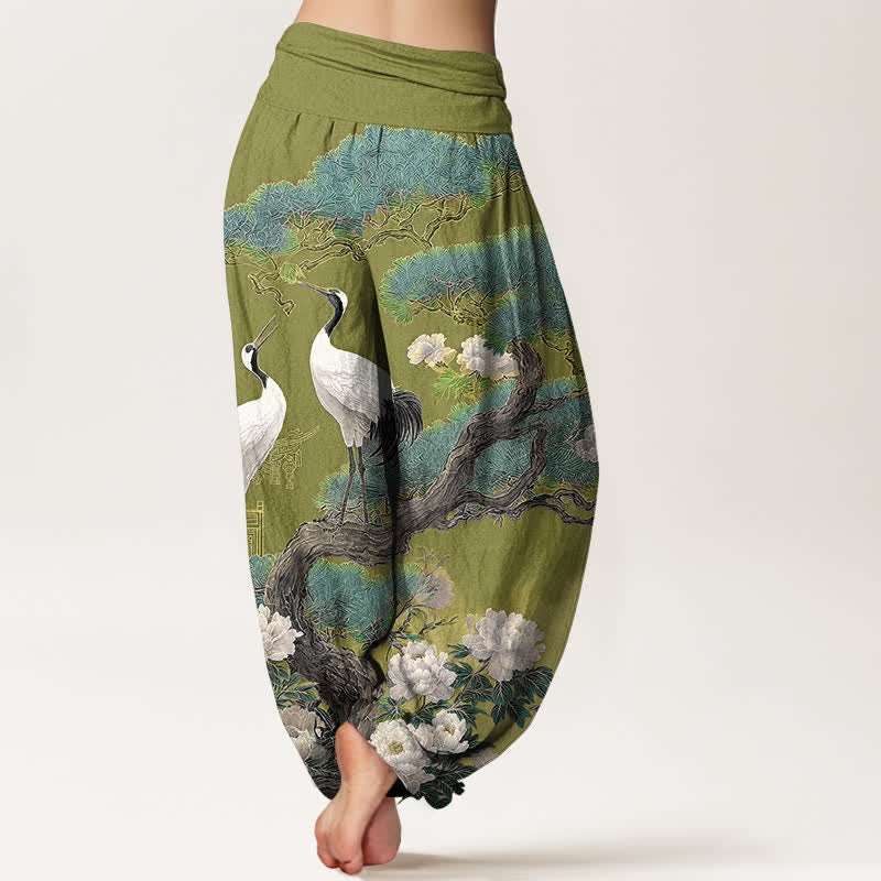 Buddha Stones Pantalones harem de mujer con cintura elástica y estampado de grullas de algodón. - image 7