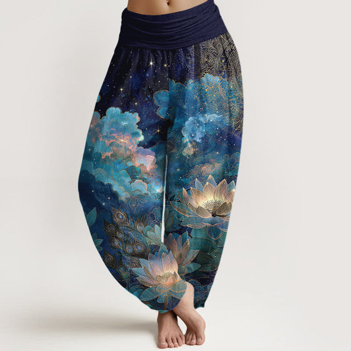 Buddha Stones Pantalones harem de mujer con cintura elástica y estampado de loto de algodón y cielo nocturno. - Marina de guerra - US16，UK/AU20，EU48 (3XL) - image 0