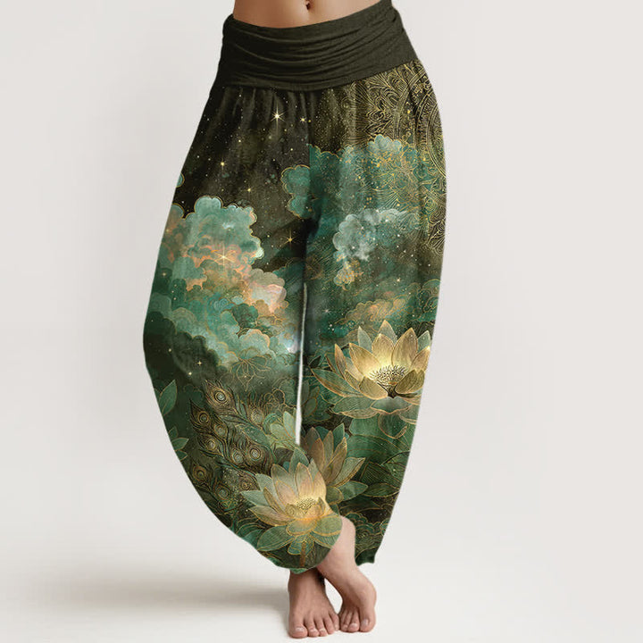 Buddha Stones Pantalones harem de mujer con cintura elástica y estampado de loto de algodón y cielo nocturno. - Verde oliva oscuro - US16，UK/AU20，EU48 (3XL) - image 5