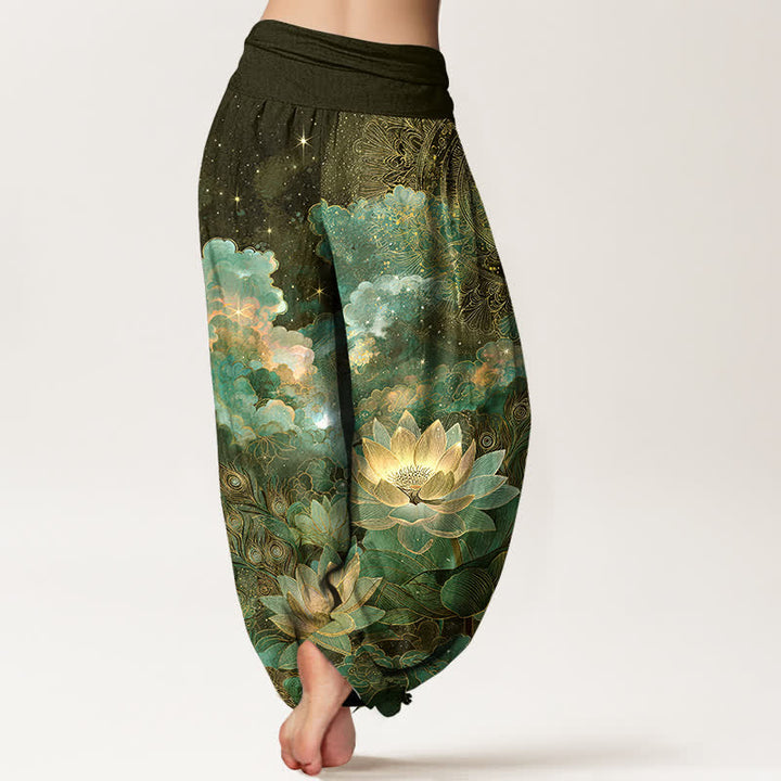Buddha Stones Pantalones harem de mujer con cintura elástica y estampado de loto de algodón y cielo nocturno. - image 7