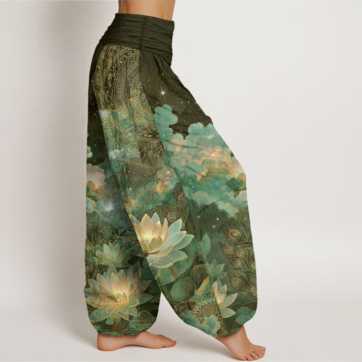Buddha Stones Pantalones harem de mujer con cintura elástica y estampado de loto de algodón y cielo nocturno. - image 6