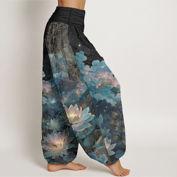 Buddha Stones Pantalones harem de mujer con cintura elástica y estampado de loto de algodón y cielo nocturno. - image 9