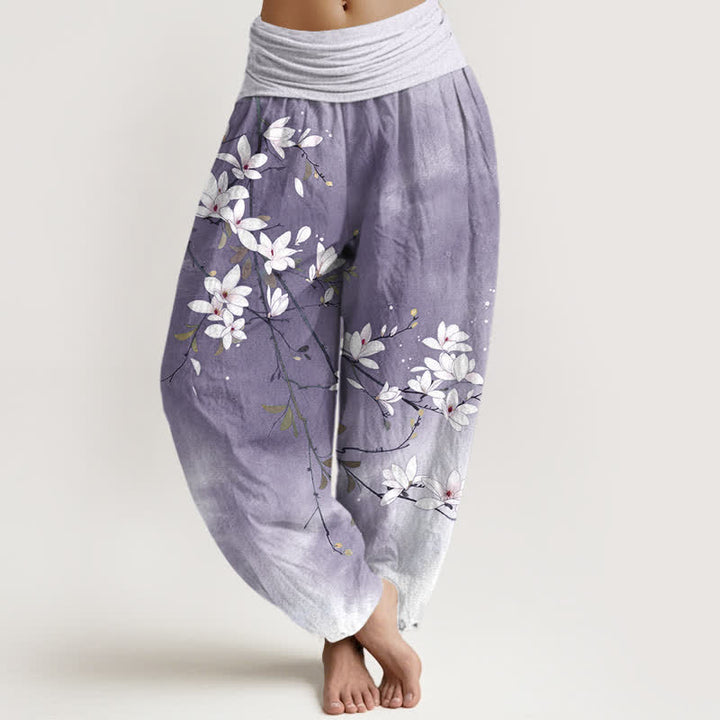 Buddha Stones Pantalones harem de mujer con cintura elástica y estampado de ramas de magnolia blancas, de algodón puro. - Lavanda - US16，UK/AU20，EU48 (3XL) - image 5