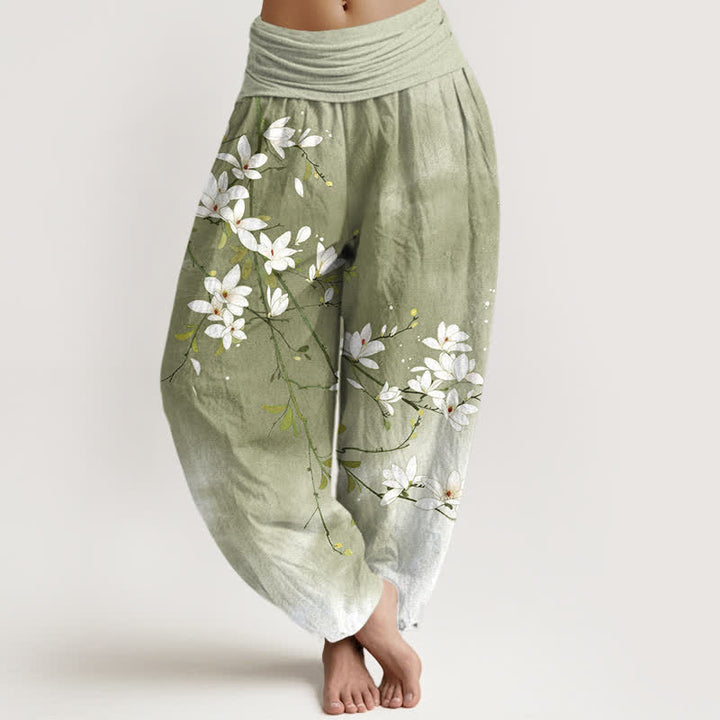 Buddha Stones Pantalones harem de mujer con cintura elástica y estampado de ramas de magnolia blancas, de algodón puro. - Aceituna - US16，UK/AU20，EU48 (3XL) - image 8