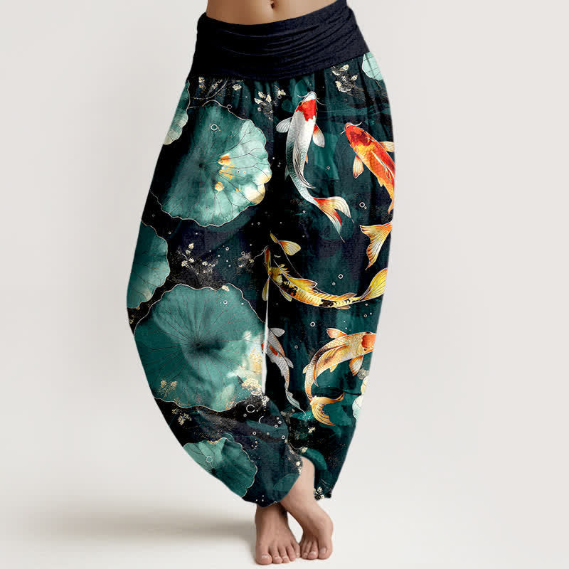 Buddha Stones Pantalones harem de mujer con cintura elástica y estampado de hojas de loto y peces koi de algodón. - Verde azulado - US16，UK/AU20，EU48 (3XL) - image 0