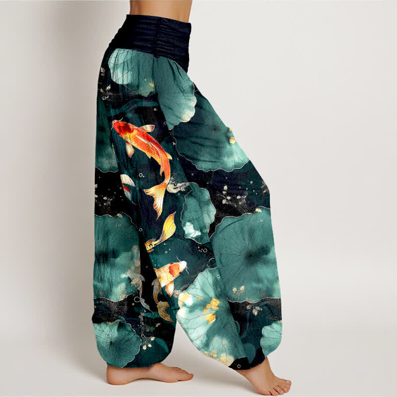 Buddha Stones Pantalones harem de mujer con cintura elástica y estampado de hojas de loto y peces koi de algodón. - image 1