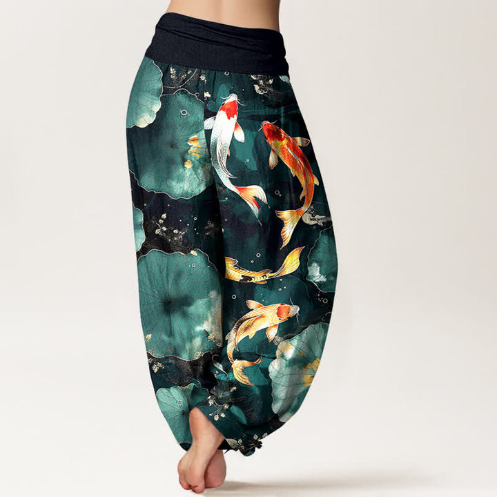 Buddha Stones Pantalones harem de mujer con cintura elástica y estampado de hojas de loto y peces koi de algodón. - image 2