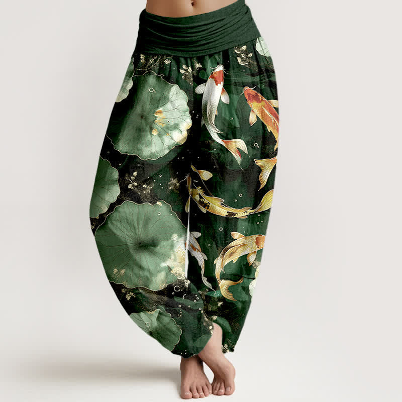 Buddha Stones Pantalones harem de mujer con cintura elástica y estampado de hojas de loto y peces koi de algodón. - Verde oscuro - US16，UK/AU20，EU48 (3XL) - image 5