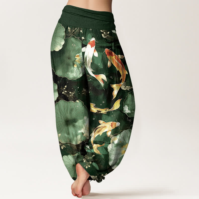 Buddha Stones Pantalones harem de mujer con cintura elástica y estampado de hojas de loto y peces koi de algodón. - image 7