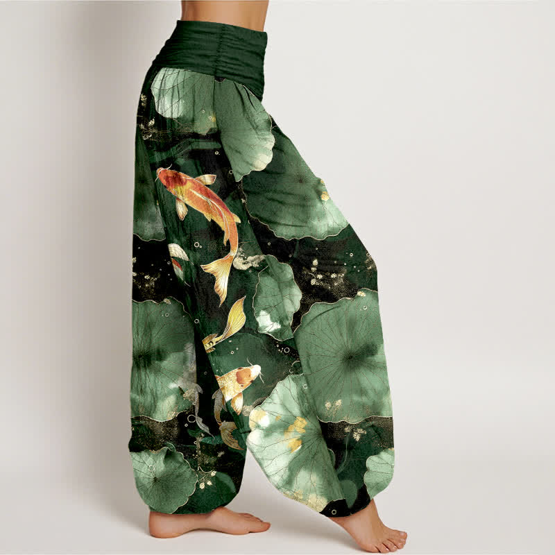 Buddha Stones Pantalones harem de mujer con cintura elástica y estampado de hojas de loto y peces koi de algodón. - image 6