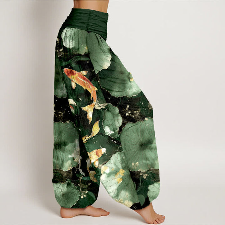 Buddha Stones Pantalones harem de mujer con cintura elástica y estampado de hojas de loto y peces koi de algodón. - image 6