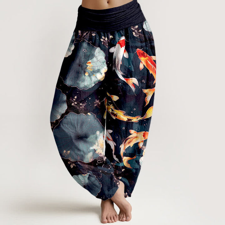 Buddha Stones Pantalones harem de mujer con cintura elástica y estampado de hojas de loto y peces koi de algodón. - Negro - US16，UK/AU20，EU48 (3XL) - image 8