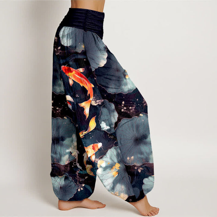 Buddha Stones Pantalones harem de mujer con cintura elástica y estampado de hojas de loto y peces koi de algodón. - image 9