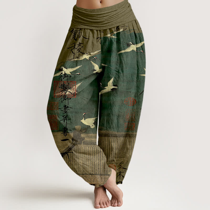 Buddha Stones Pantalones harem de mujer con cintura elástica y estampado de grullas voladoras de algodón. - Verde oliva oscuro - US16，UK/AU20，EU48 (3XL) - image 0