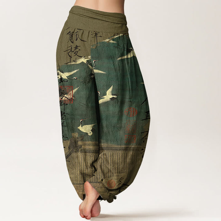 Buddha Stones Pantalones harem de mujer con cintura elástica y estampado de grullas voladoras de algodón. - image 2