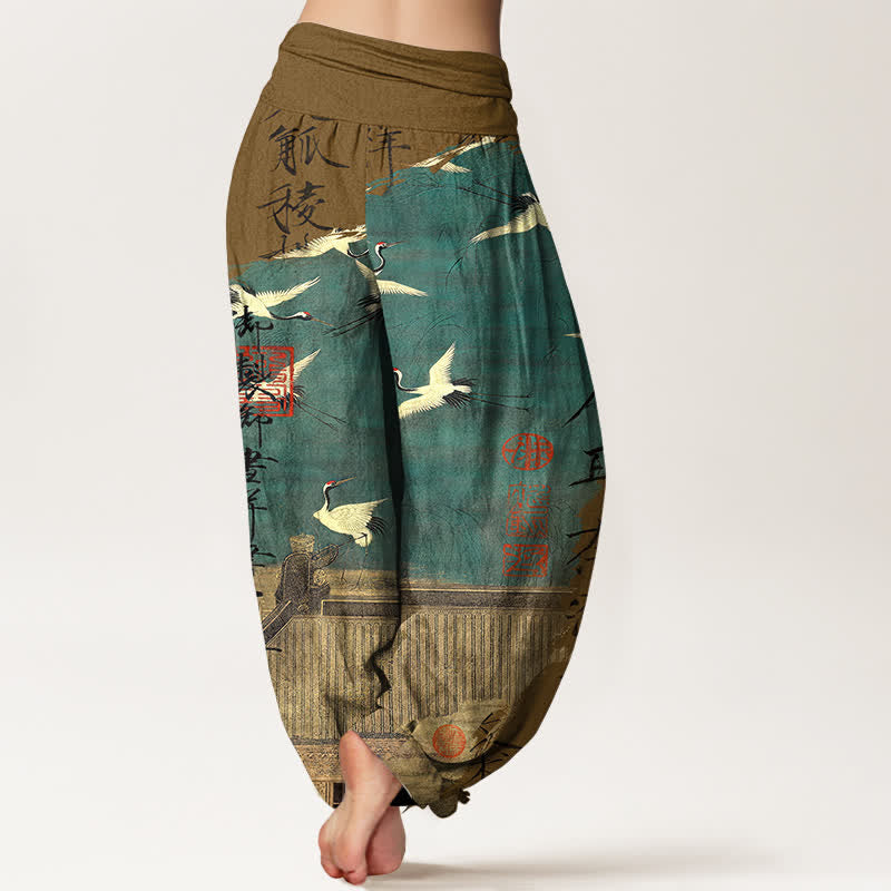 Buddha Stones Pantalones harem de mujer con cintura elástica y estampado de grullas voladoras de algodón. - image 10