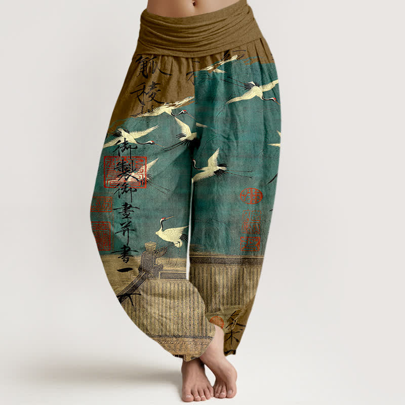 Buddha Stones Pantalones harem de mujer con cintura elástica y estampado de grullas voladoras de algodón. - Vara de oro oscura - US16，UK/AU20，EU48 (3XL) - image 8