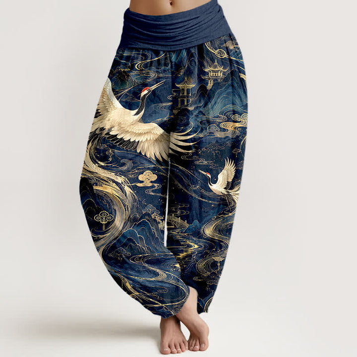 Buddha Stones Pantalones harem de algodón con estampado de grullas voladoras y olas para mujer, con cintura elástica. - Marina de guerra - US16，UK/AU20，EU48 (3XL) - image 0