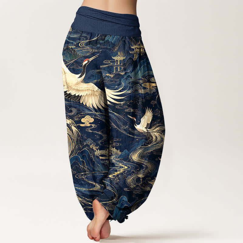 Buddha Stones Pantalones harem de algodón con estampado de grullas voladoras y olas para mujer, con cintura elástica. - image 2