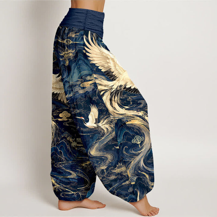 Buddha Stones Pantalones harem de algodón con estampado de grullas voladoras y olas para mujer, con cintura elástica. - image 1